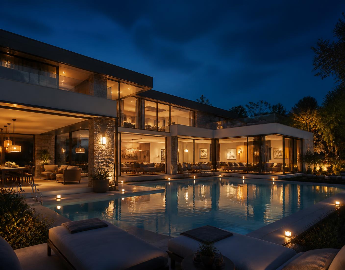 Ultra realistic luxury modern villa render at blue hour